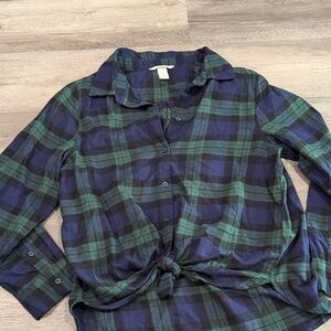 H&M Blue and Green Plaid Button-Front Tie Hem Shirt